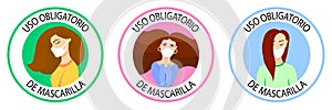 Spanish text: `Uso obligatorio de mascarilla`. Translation: Wearing mask required. Mask required french version. New normal wearin