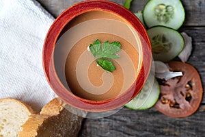 Spanish tomato gazpacho soup with garlic, bread and green pepper