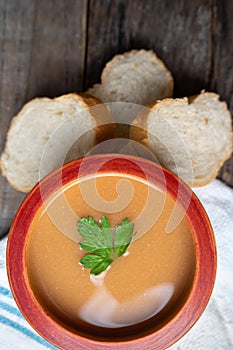 Spanish tomato gazpacho soup with garlic, bread and green pepper