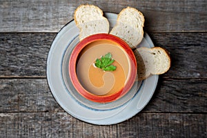 Spanish tomato gazpacho soup with garlic, bread and green pepper