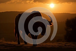 Spanish toro bull on field with scenic sunset view. Generate ai