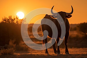 Spanish toro bull on sunset view. Generate ai photo