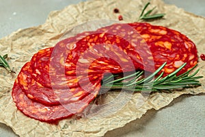 Spanish traditional chorizo sausage. Food recipe background. Close up