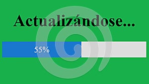 Spanish. Updating Progress Bar Until Completed With Green Screen on Online Web Page. Device Screen View of Software Update Loading