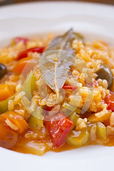 Spanish vegetarian vegetable rice dish with bay leaf