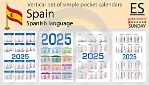 Spanish vertical set of pocket calendar for 2025. Week starts Sunday