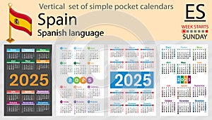 Spanish vertical set of pocket calendar for 2025. Week starts Sunday