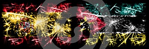 Spanish vs Mozambique, Mozambican New Year celebration sparkling fireworks flags concept background. Combination of two abstract