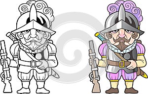 Spanish warrior conquistador, funny illustration, coloring book