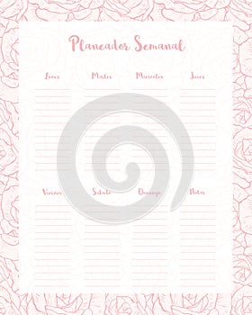 Spanish Weekly Planner - Planeador Semanal. Elegant Pink Floral Motif. photo