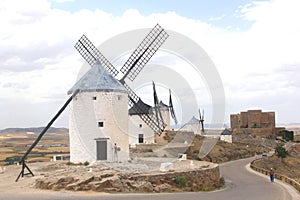 Picturesque Spanish windmills and Don Quichot statue in Consuegra,Spain