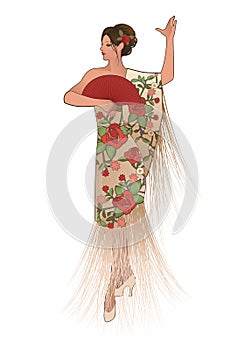 Spanish woman dressed in fringed shawl, wearing fan and flower in her hair, dancing flamenco