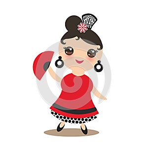 Spanish Woman flamenco dancer. Kawaii cute face with pink cheeks and big eyes. Gipsy girl, red black white dress, polka dot fabric