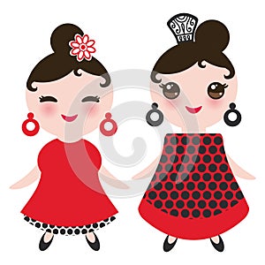 Spanish Woman flamenco dancer. Kawaii cute face with pink cheeks and winking eyes. Gipsy girl, red black white dress, polka dot fa