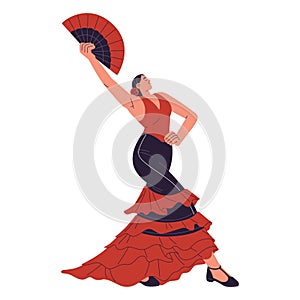 Spanish woman in red dress perform flamenco. Dancer, performer dancing latin dance with fan. Music performance of