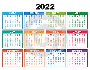 Spanish 2022 year calendar. Week starts on Lunes Monday. Vector photo