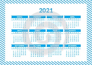 Spanish 2021 year vector calendar. Week starts on Lunes Monday photo