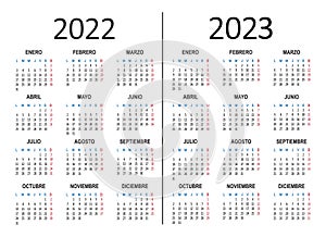 Spanish yearly calendar 2022 2023. Week starts on Monday. Vector photo