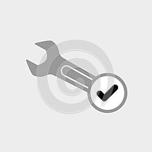 Spanner icon with check sign. Spanner icon and approved, confirm, done, tick, completed symbol