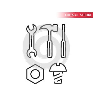Spanner or wrench, bolt, nut and screwdriver hardware tools thin line icon set.