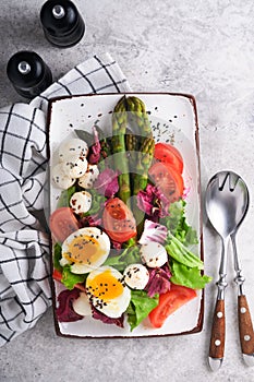 Sparagus, tomato, lettuce, mozzarella, black sesame, flax, oil olive salad and soft boiled egg on rectangular ceramic plate on
