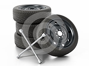 Spare car tyres and wheel nut wrench.3D illustration