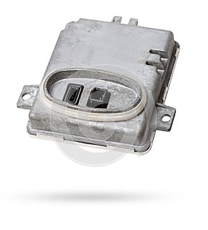 Spare part metall car engine control unit with metal elements on a white isolated background is the connecting center subsystems,