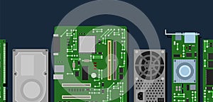 Spare part for personal computer. Horizontally seamless background. PC or laptop accessories. Motherboard and video card