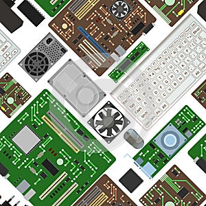 Spare part for personal computer. PC or laptop accessories. Board RAM memory. Seamless pattern. Motherboard and video