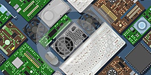Spare part for personal computer. PC or laptop accessories. Seamless pattern. Power supply hard drive. Motherboard and