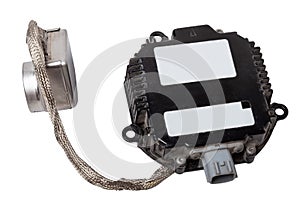 Spare part plastic car engine control unit with metal elements on a white isolated background is the connecting center subsystems