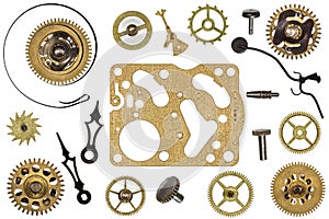 Spare parts for clock. metal gears, cogwheels and other details