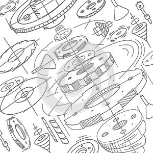 Spare parts pattern. Gears wheels background. Sketch hand drawn. On white background. Design drawing. Vector.