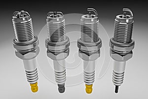 Spare parts spark plugs on white background for car and motorcycle. 3D rendering