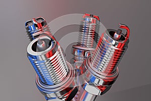 Spare parts spark plugs on white background for car and motorcycle. 3D rendering