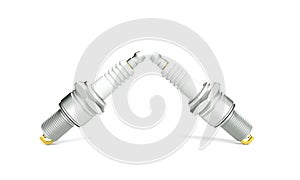 Spare parts spark plugs on white background for car and motorcycle. New auto parts spark plug. 3D render