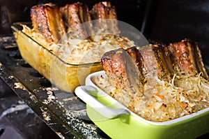 Spare ribs baked in sauerkraut