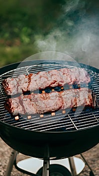 Spare ribs grilling on barbecue for a summer party