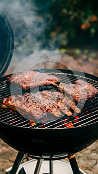 Spare ribs grilling on barbecue for a summer party photo