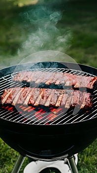 Spare ribs grilling on barbecue for a summer party photo