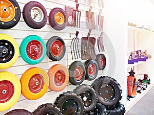 Wheels of wheelbarrow in shop