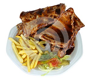 Spareribs and Fries on White Plate