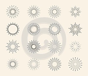 Spark burst, starburst set. Blast of star or sun, vintage circle logo or pattern, radiant beam, line flare. Retro hand