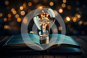 Spark of ideas Glowing bulb over book symbolizes inspiration, innovation, and empowered learning