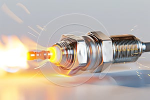 A spark plug igniting on a white background. Generative AI.