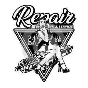 Spark Plug Pin Up Girl Hold Wrench Vector Illustration