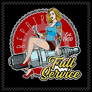 Spark Plug Pin Up Girl. Vintage Garage Girl.