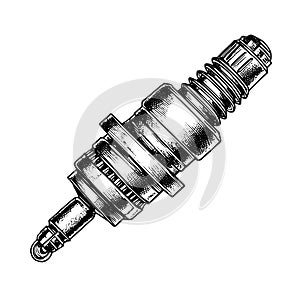 spark plug vector drawing. Isolated hand drawn, engraved style illustration