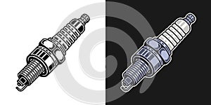 Spark plug vector illustration in two styles black on white and colorful on dark background