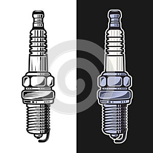 Spark plug vector objects in two styles black on white and colorful on dark background